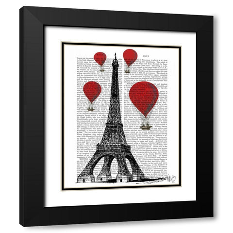 Eiffel Tower and Red Hot Air Balloons Black Modern Wood Framed Art Print with Double Matting by Fab Funky