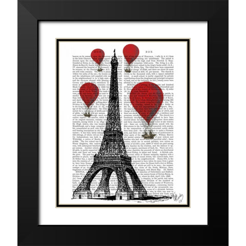 Eiffel Tower and Red Hot Air Balloons Black Modern Wood Framed Art Print with Double Matting by Fab Funky