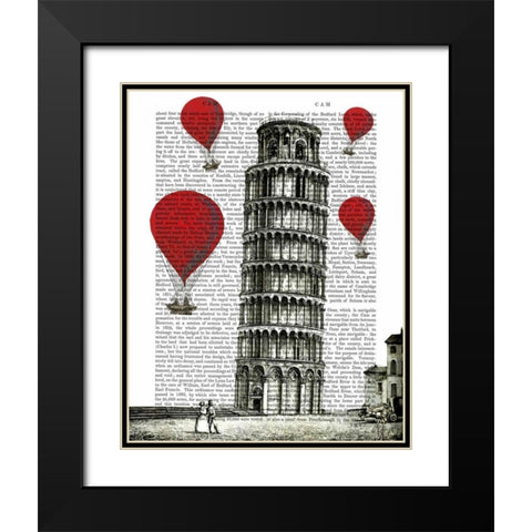 Tower of Pisa and Red Hot Air Balloons Black Modern Wood Framed Art Print with Double Matting by Fab Funky