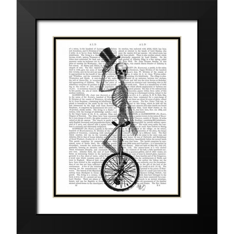 Skeleton on Unicycle Black Modern Wood Framed Art Print with Double Matting by Fab Funky