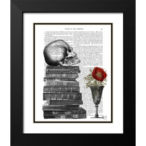 Skull And Books Black Modern Wood Framed Art Print with Double Matting by Fab Funky