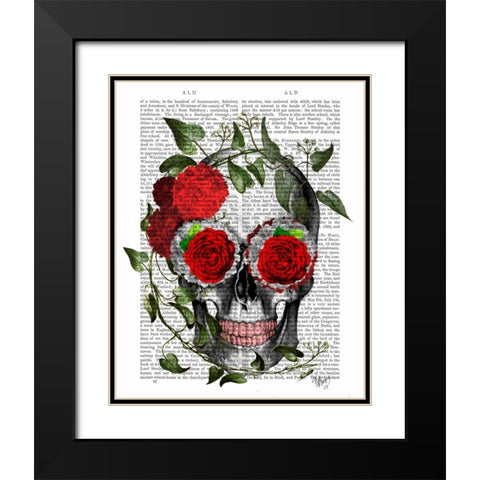 Skull With Roses And Vines Black Modern Wood Framed Art Print with Double Matting by Fab Funky