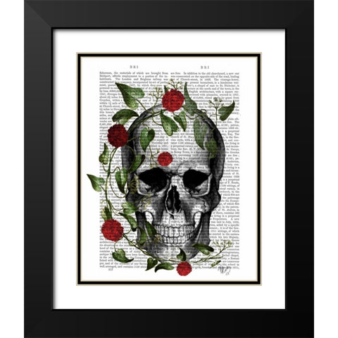 Skull Vines and Flowers Black Modern Wood Framed Art Print with Double Matting by Fab Funky