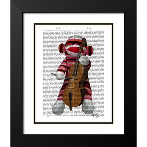 Sock Monkey and Cello Black Modern Wood Framed Art Print with Double Matting by Fab Funky