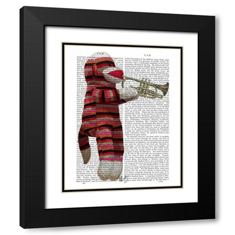 Sock Monkey Playing Trumpet Black Modern Wood Framed Art Print with Double Matting by Fab Funky