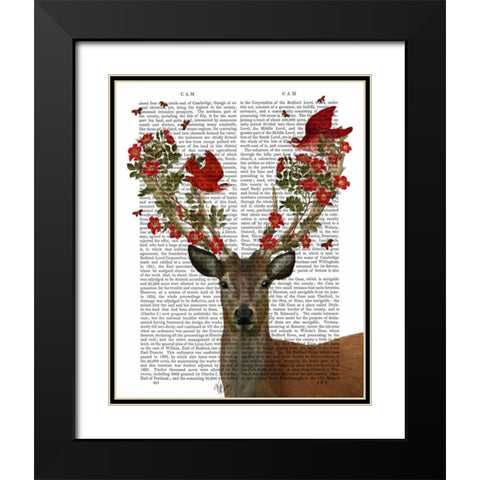 Deer and Love Birds Black Modern Wood Framed Art Print with Double Matting by Fab Funky