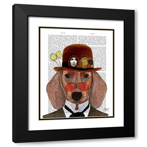 Dachshund with Steampunk Bowler Hat Black Modern Wood Framed Art Print with Double Matting by Fab Funky
