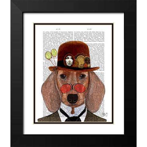 Dachshund with Steampunk Bowler Hat Black Modern Wood Framed Art Print with Double Matting by Fab Funky
