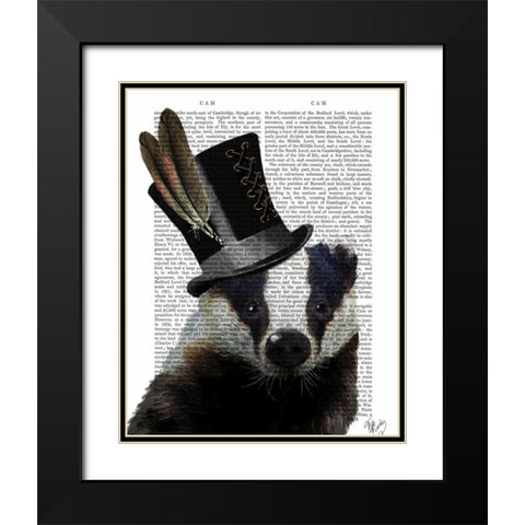 Steampunk Badger in Top Hat Black Modern Wood Framed Art Print with Double Matting by Fab Funky