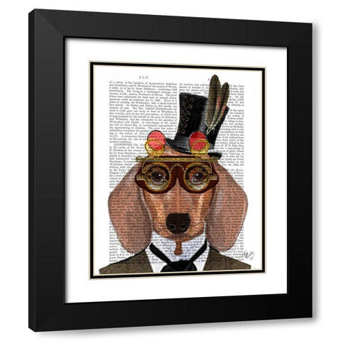 Dachshund with Top Hat and Goggles Black Modern Wood Framed Art Print with Double Matting by Fab Funky