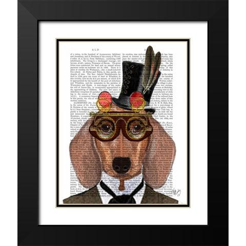 Dachshund with Top Hat and Goggles Black Modern Wood Framed Art Print with Double Matting by Fab Funky
