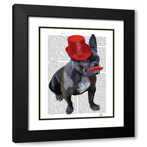 French Bulldog With Red Top Hat and Moustache Black Modern Wood Framed Art Print with Double Matting by Fab Funky