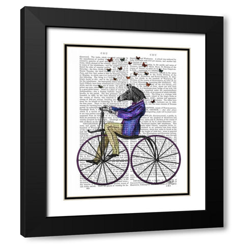 Zebra On Bicycle Black Modern Wood Framed Art Print with Double Matting by Fab Funky