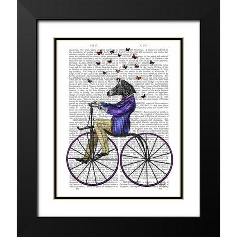Zebra On Bicycle Black Modern Wood Framed Art Print with Double Matting by Fab Funky