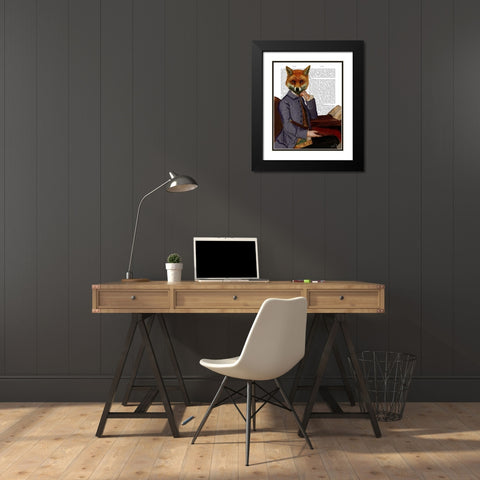 Fox With Flute Black Modern Wood Framed Art Print with Double Matting by Fab Funky