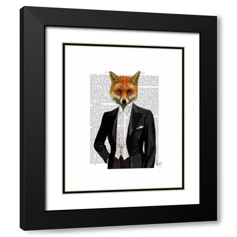 Fox In Evening Suit Portrait Black Modern Wood Framed Art Print with Double Matting by Fab Funky