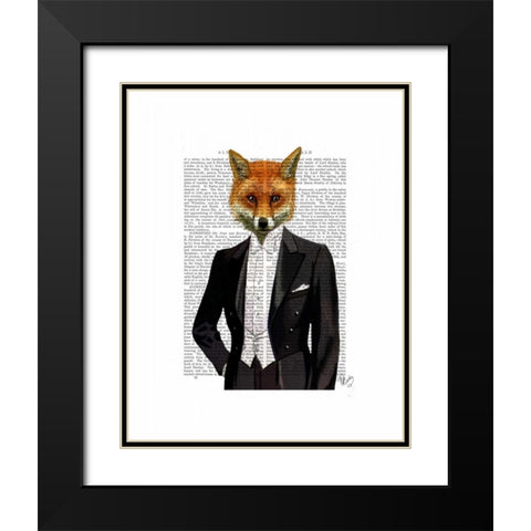 Fox In Evening Suit Portrait Black Modern Wood Framed Art Print with Double Matting by Fab Funky