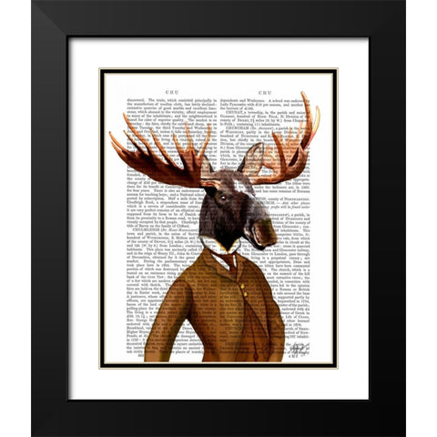 Moose In Suit Portrait Black Modern Wood Framed Art Print with Double Matting by Fab Funky