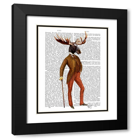 Moose In Suit Full Black Modern Wood Framed Art Print with Double Matting by Fab Funky