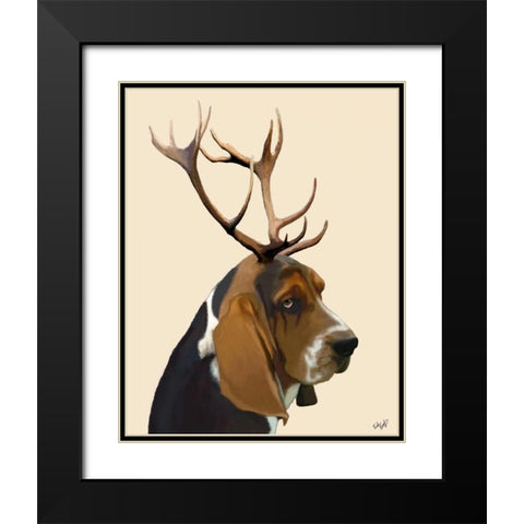 Basset Hound and Antlers Black Modern Wood Framed Art Print with Double Matting by Fab Funky