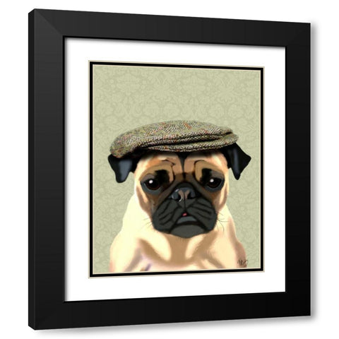 Pug in Flat Cap Black Modern Wood Framed Art Print with Double Matting by Fab Funky