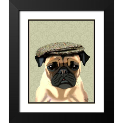 Pug in Flat Cap Black Modern Wood Framed Art Print with Double Matting by Fab Funky