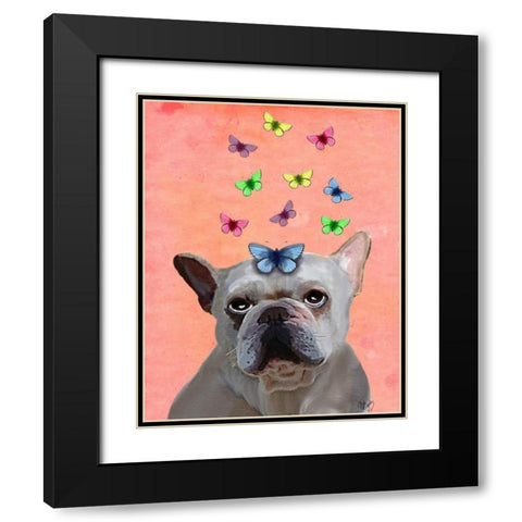 White French Bulldog and Butterflies Black Modern Wood Framed Art Print with Double Matting by Fab Funky