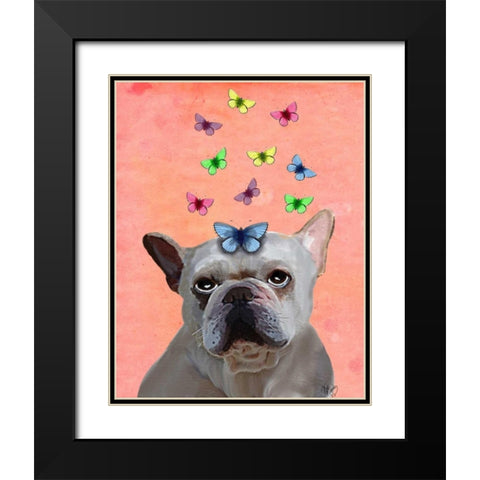 White French Bulldog and Butterflies Black Modern Wood Framed Art Print with Double Matting by Fab Funky