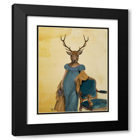 Deer In Blue Dress Black Modern Wood Framed Art Print with Double Matting by Fab Funky