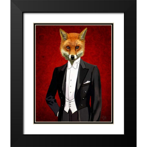 Fox In Evening Suit Portrait Black Modern Wood Framed Art Print with Double Matting by Fab Funky