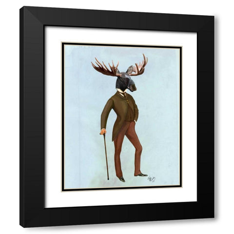 Moose In Suit Full Black Modern Wood Framed Art Print with Double Matting by Fab Funky