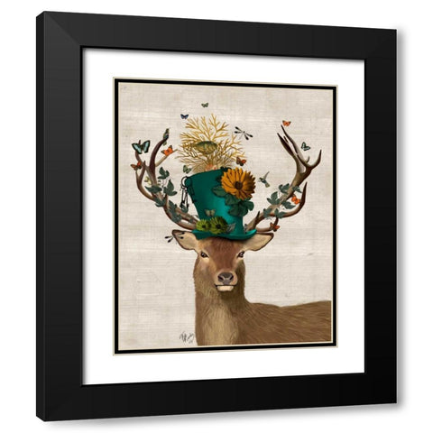 Mad Hatter Deer Black Modern Wood Framed Art Print with Double Matting by Fab Funky