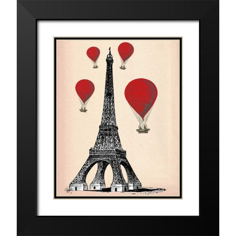 Eiffel Tower and Red Hot Air Balloons Black Modern Wood Framed Art Print with Double Matting by Fab Funky