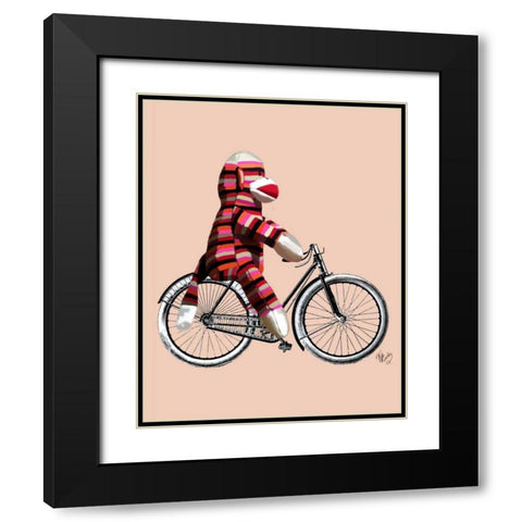 Sock Monkey on Bicycle Black Modern Wood Framed Art Print with Double Matting by Fab Funky