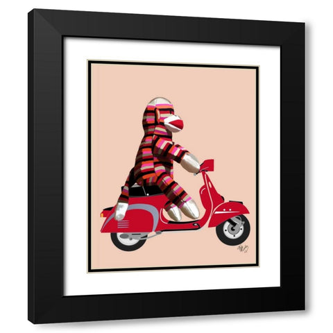 Sock Monkey on Red Moped Black Modern Wood Framed Art Print with Double Matting by Fab Funky