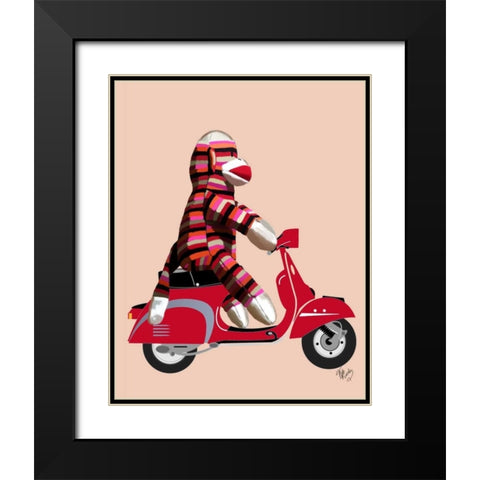 Sock Monkey on Red Moped Black Modern Wood Framed Art Print with Double Matting by Fab Funky