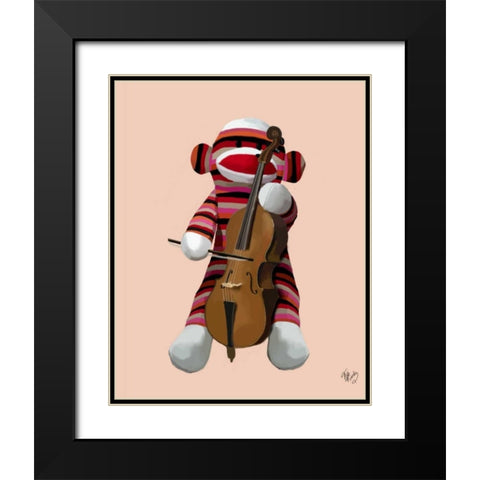 Sock Monkey and Cello Black Modern Wood Framed Art Print with Double Matting by Fab Funky