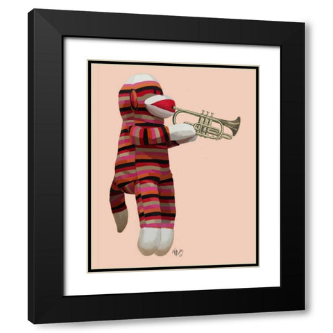 Sock Monkey Playing Trumpet Black Modern Wood Framed Art Print with Double Matting by Fab Funky