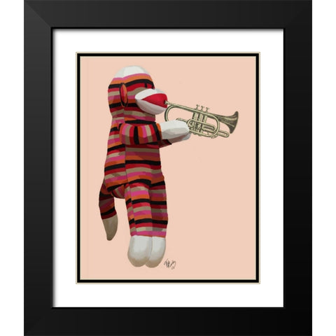 Sock Monkey Playing Trumpet Black Modern Wood Framed Art Print with Double Matting by Fab Funky