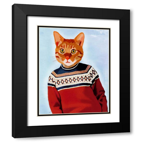 Cat in Ski Sweater Black Modern Wood Framed Art Print with Double Matting by Fab Funky
