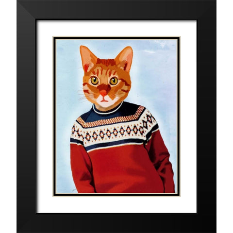 Cat in Ski Sweater Black Modern Wood Framed Art Print with Double Matting by Fab Funky