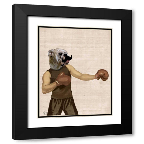 Boxing Bulldog Portrait Black Modern Wood Framed Art Print with Double Matting by Fab Funky