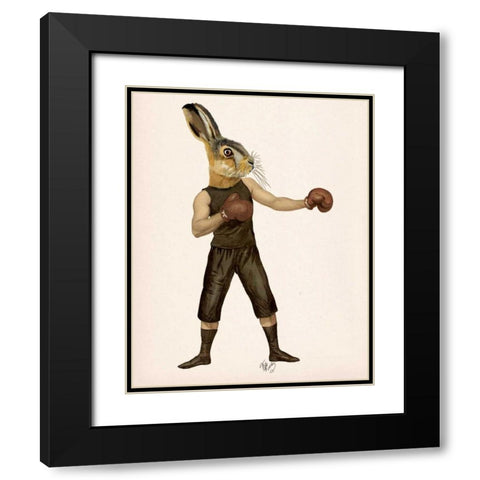Boxing Hare Black Modern Wood Framed Art Print with Double Matting by Fab Funky