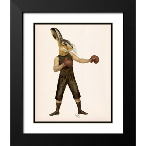 Boxing Hare Black Modern Wood Framed Art Print with Double Matting by Fab Funky