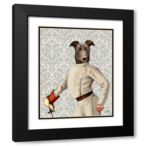 Greyhound Fencer in Cream Portrait Black Modern Wood Framed Art Print with Double Matting by Fab Funky