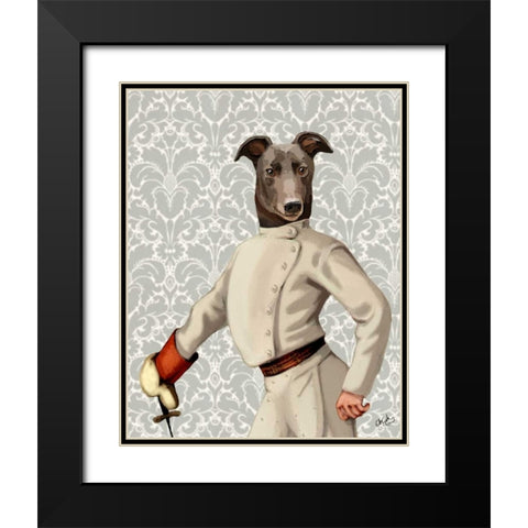 Greyhound Fencer in Cream Portrait Black Modern Wood Framed Art Print with Double Matting by Fab Funky