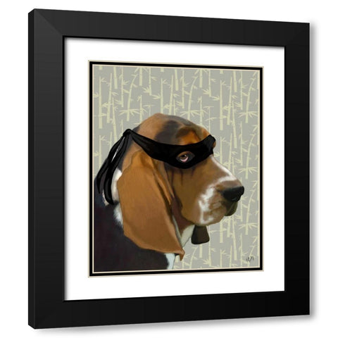 Ninja Basset Hound Dog Black Modern Wood Framed Art Print with Double Matting by Fab Funky