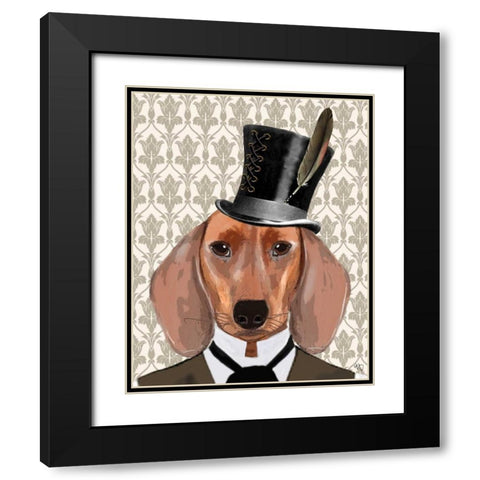 Dachshund Dog With Top Hat Black Modern Wood Framed Art Print with Double Matting by Fab Funky