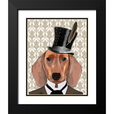 Dachshund Dog With Top Hat Black Modern Wood Framed Art Print with Double Matting by Fab Funky