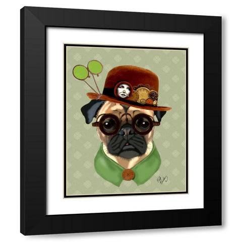 Pug With Steampunk Bowler Hat Black Modern Wood Framed Art Print with Double Matting by Fab Funky